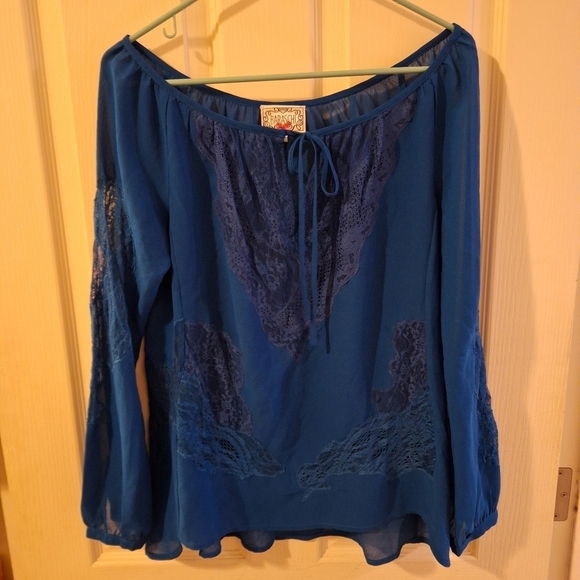 Blue Sheer Lace Small Long Sleeve Blouse - Picture 1 of 5